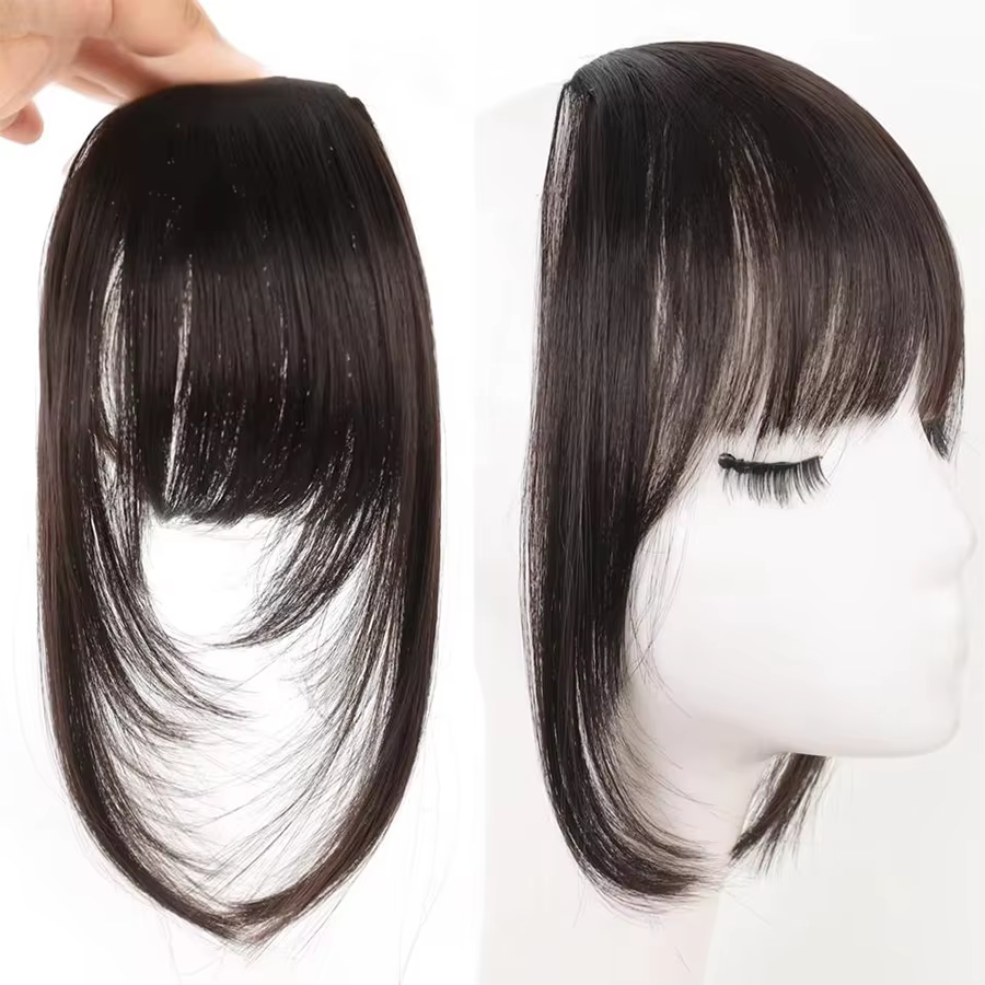 Extensions de cheveux synthétiques droites pour femmes avec frange superposée frange latérale postic