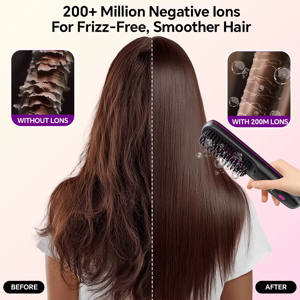 Brosse à lisser les cheveux, peigne à lisser ionique sans fil Rechargeable pour coiffer, avec 3 régl
