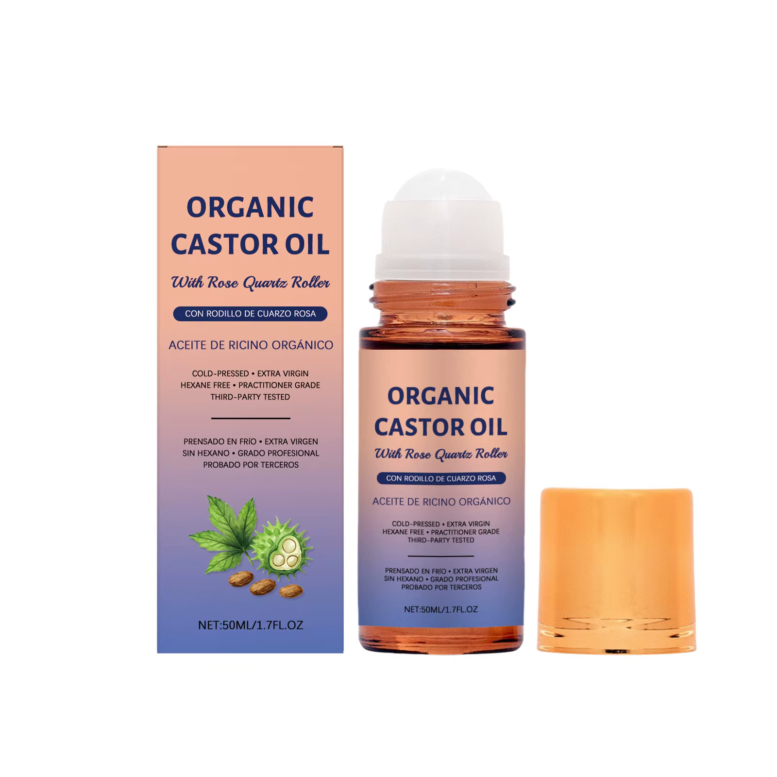 Huile de ricin bio pressée à froid sans hexane avec applicateur à bille en quartz rose, apaisante et