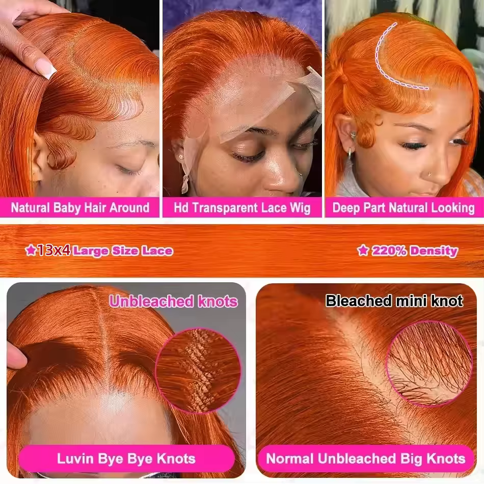 350 gingembre Orange droite perruques de cheveux humains 13X4 Hd dentelle frontale perruques 250% de