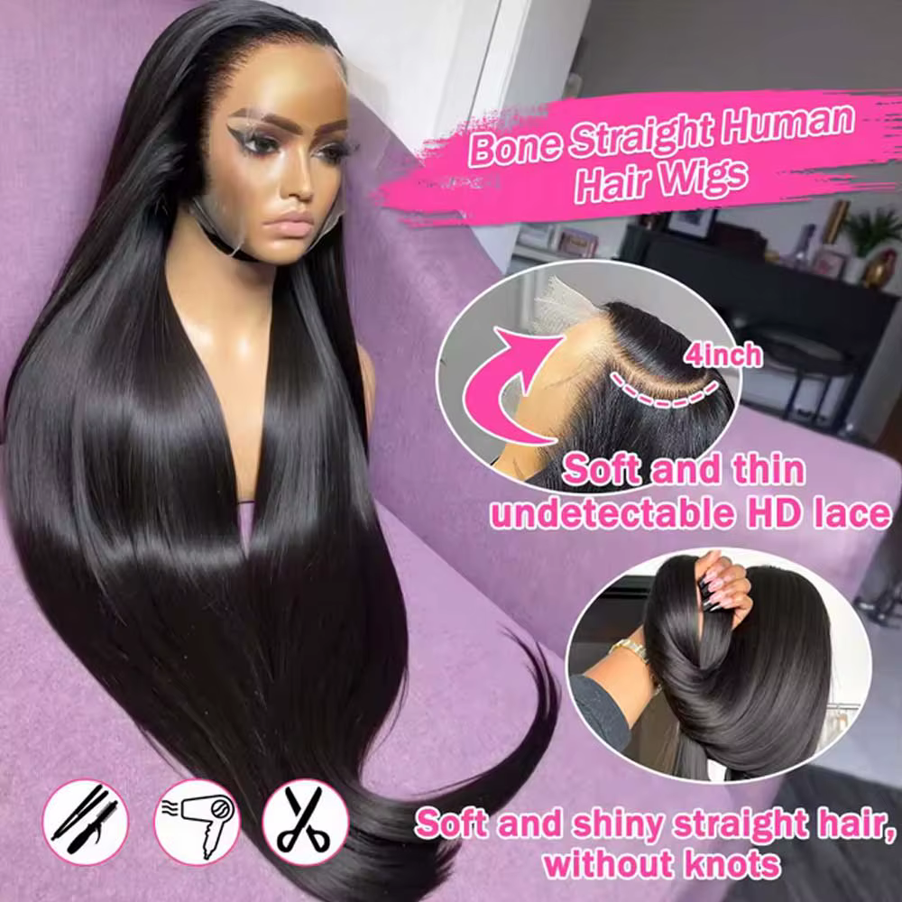 Perruques avant de dentelle droite cheveux humains 250% densité 13x4 13x6 pleine frontale transparen