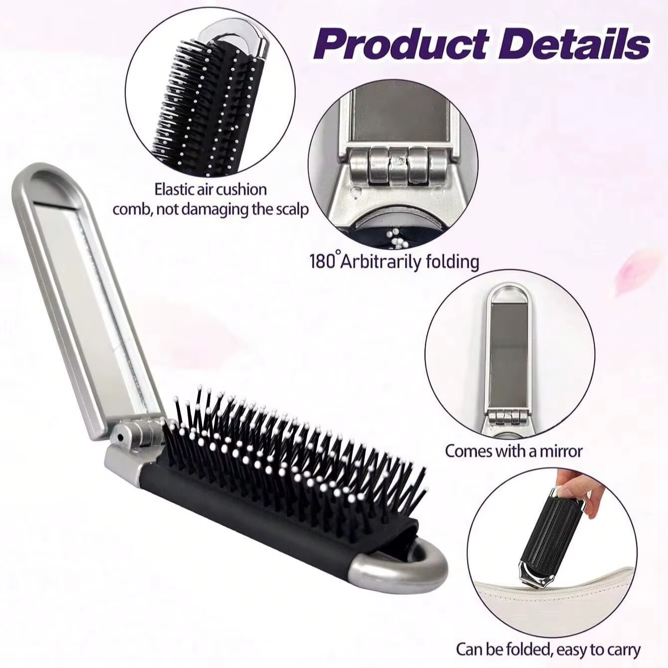 Mini brosse à cheveux pliante 2 en 1, peigne de Massage de la tête, antistatique, Portable, miroir,