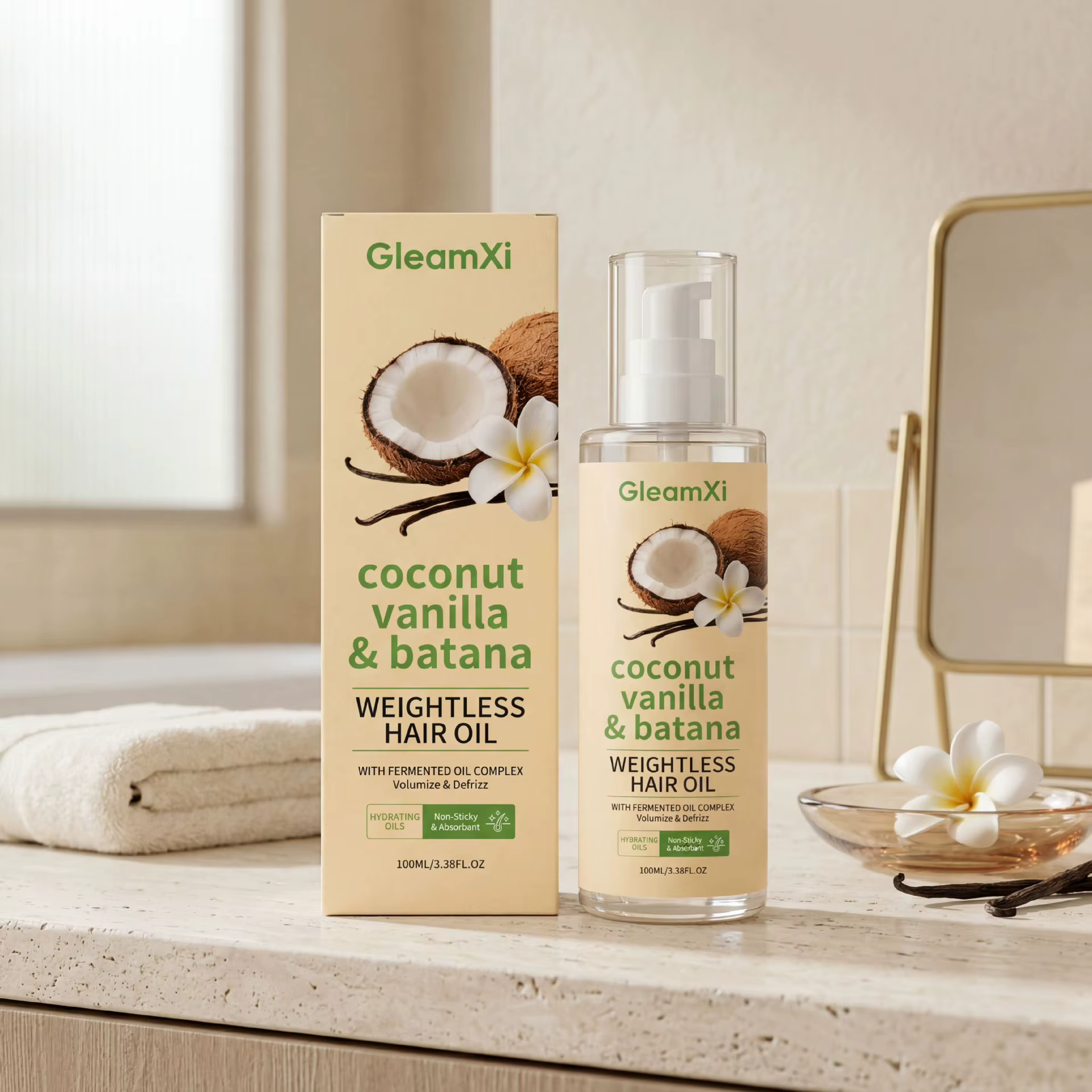 Huile capillaire hydratante et nourrissante Gleamxi Coco Vanille, anti-frisottis, volumisante, répar