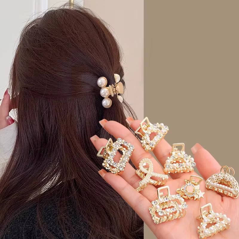 Lot de 6/8/10 petites pinces à cheveux géométriques en métal avec strass et perles pour femmes et fi