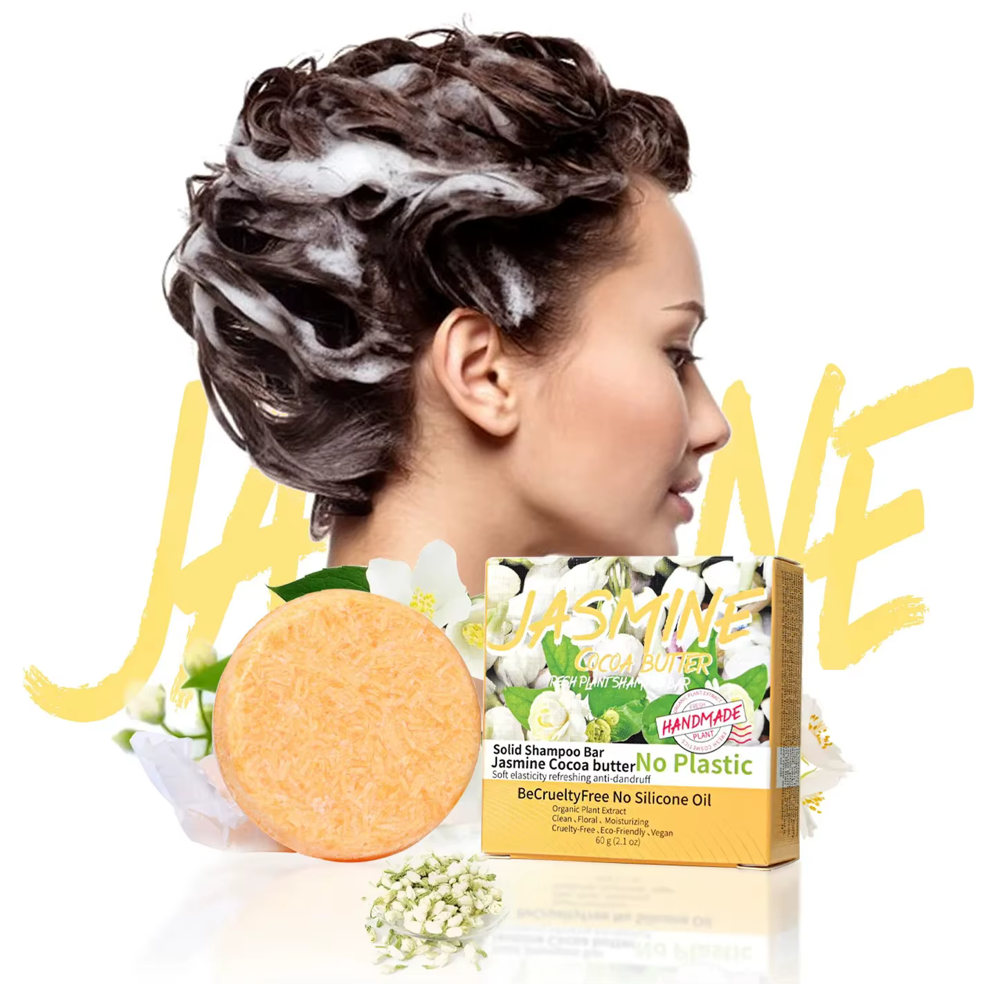 Shampoing fait à la main parfumé au jasmin, barre de shampoing solide, savon aux huiles essentielles