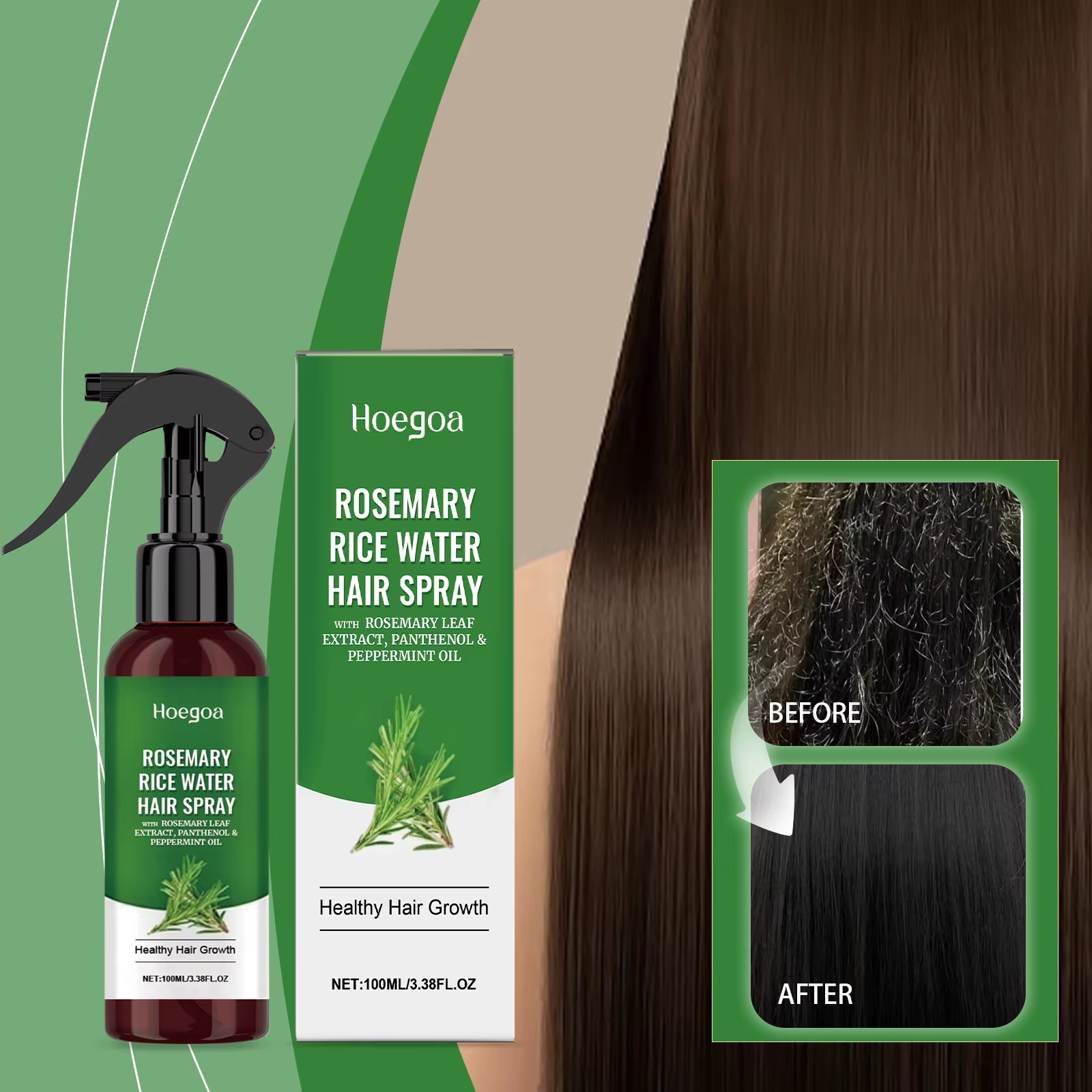 Spray capillaire à la rosemaine et à l'eau de riz pour cheveux secs et abîmés, soin hydratant et nou