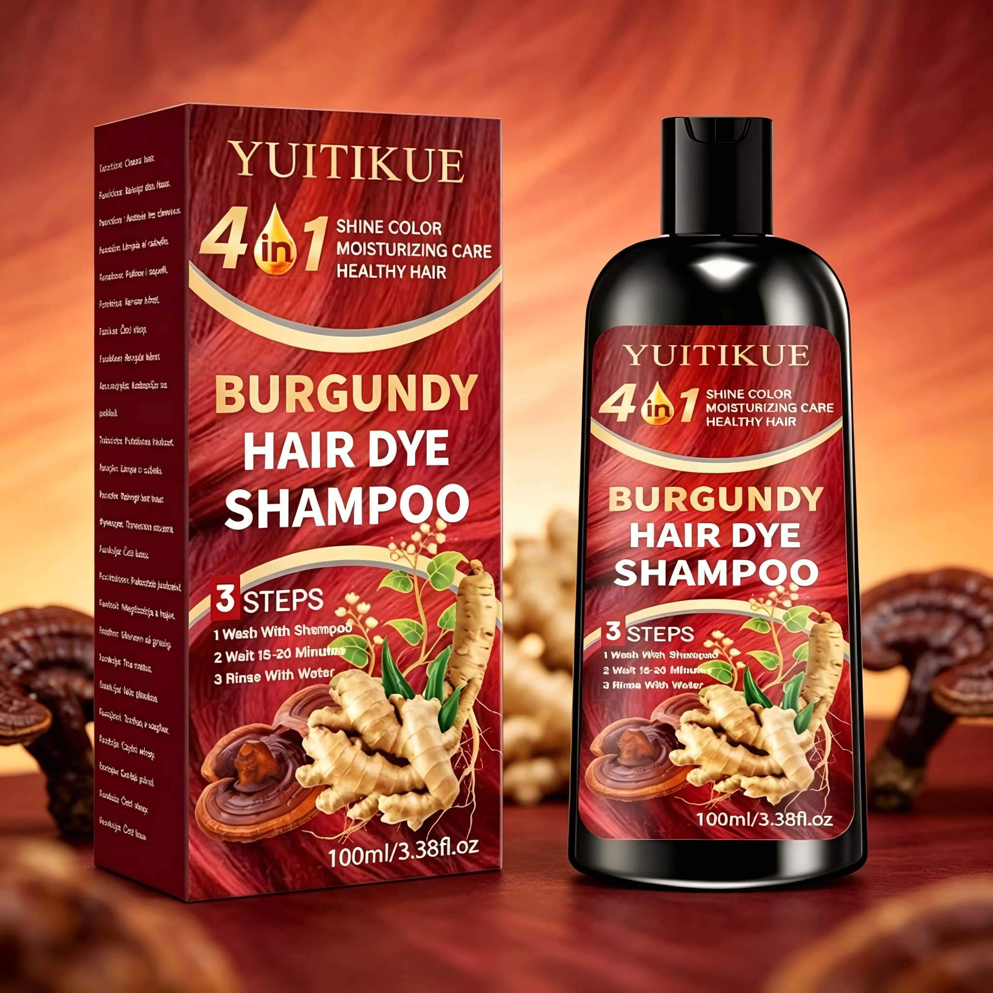 Shampoo colorant capillaire bordeaux 4 en 1, 100ml, YUITIKUE, formule à base d'herbes naturelles, co