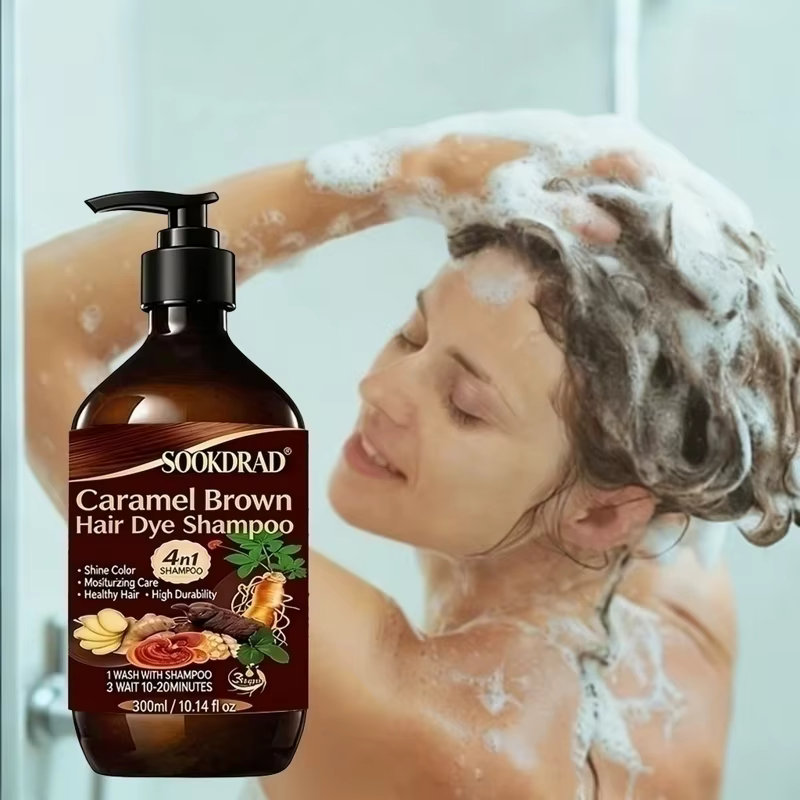 Shampoo colorant brun caramel, 4-en-1 nourrissant, coloration rapide, pour tous types de cheveux