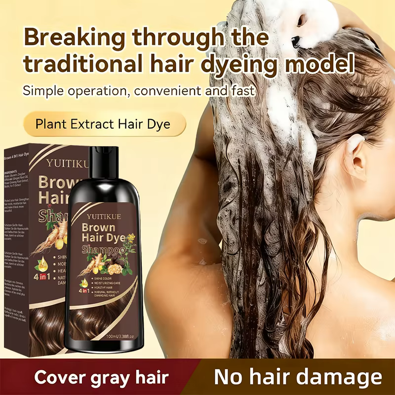 YUITIKUE Shampooing Colorant Brun 100ml - Formule aux Extraits Végétaux, Couvre les Cheveux Gris, Co