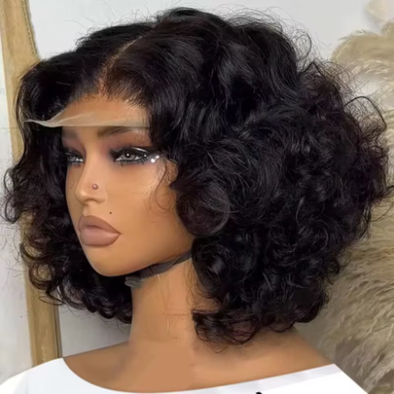 Perruque Courte Bob Ondulée 250% Body Wave HD Lace Frontal en Cheveux Humains, Sans Colle, Perruques