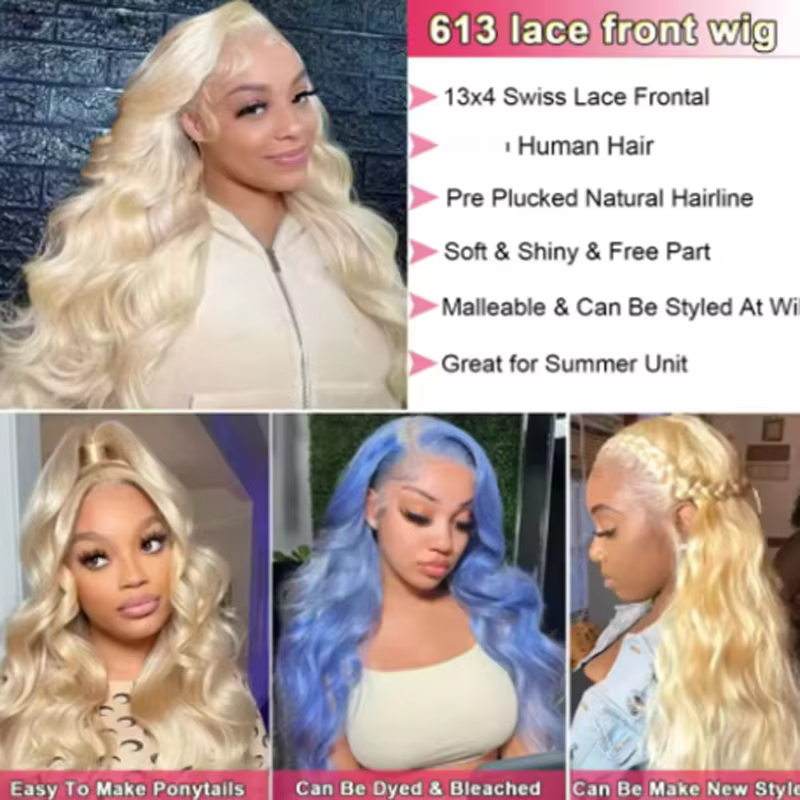 20 34 pouces 250% densité 613 perruque de cheveux humains 13x6 Hd dentelle frontale perruque vague d