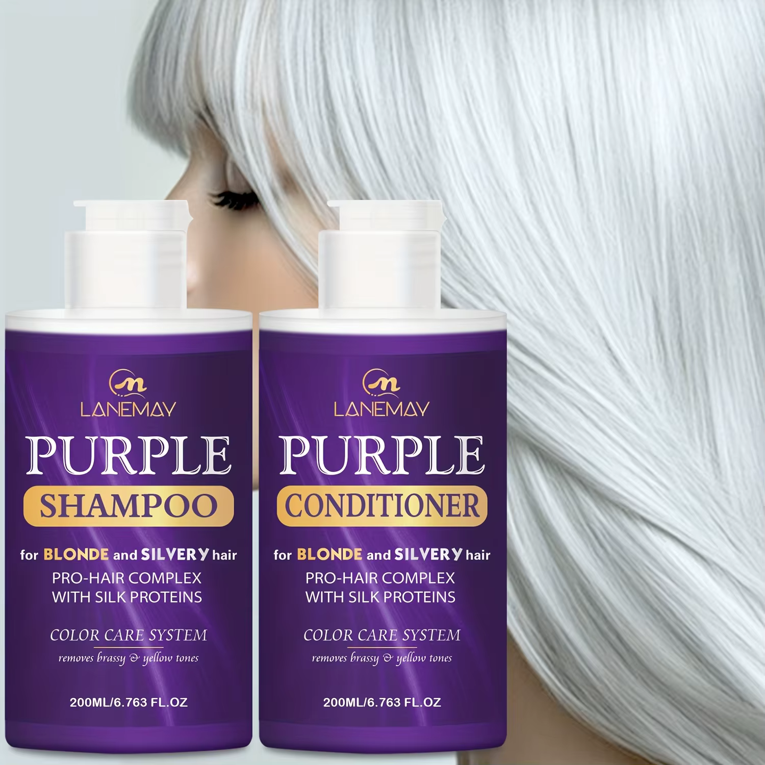 Ensemble shampoing et après-shampooing violet pour cheveux blonds, argentés ou bruns mis en évidence