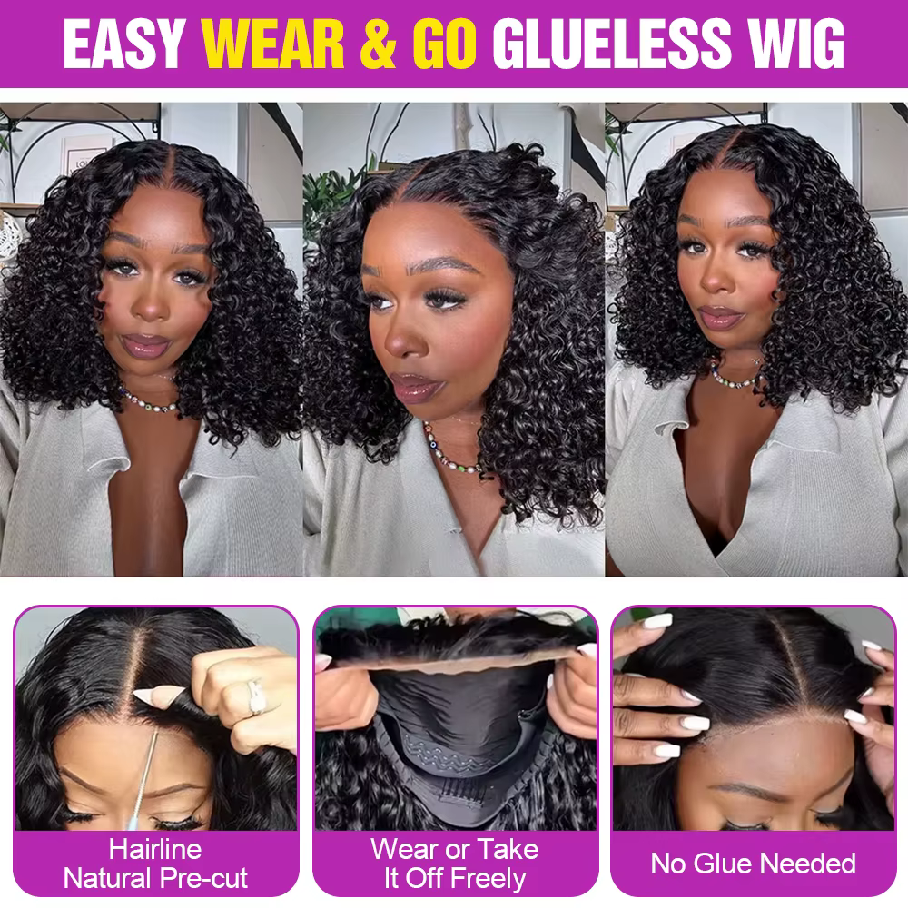 Perruque Lace Front Wig naturelle brésilienne bouclée sans colle, cheveux courts, 13x4, Deep Water W