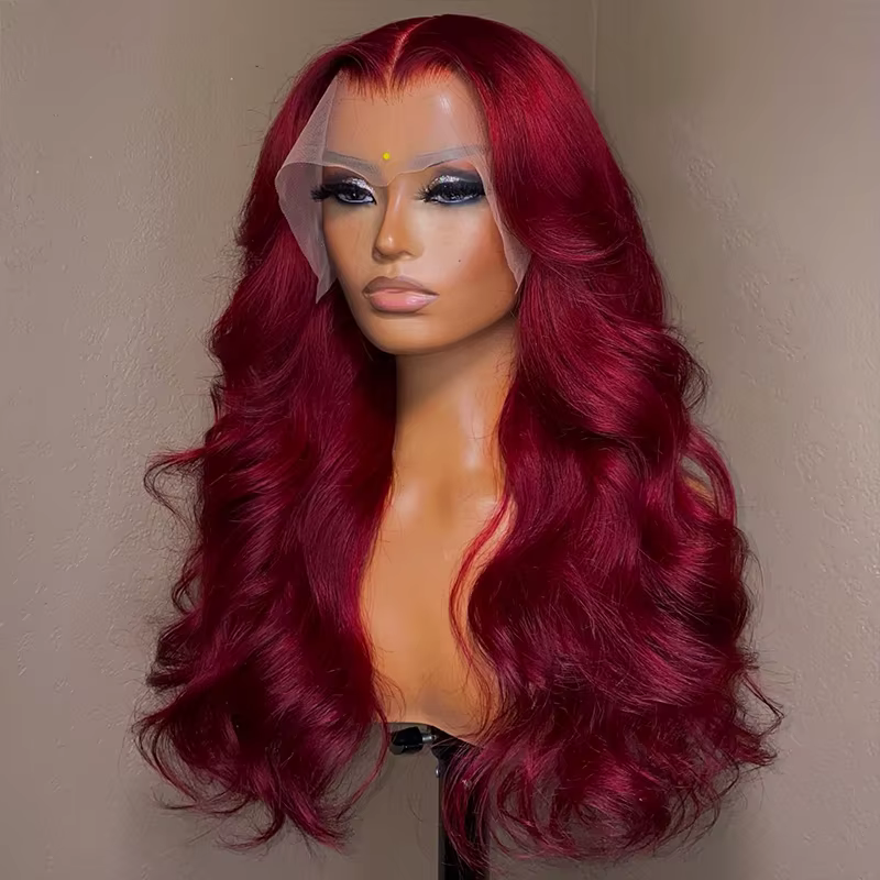 99J bordeaux dentelle avant perruque de cheveux humains vague de corps rouge couleur perruques brési