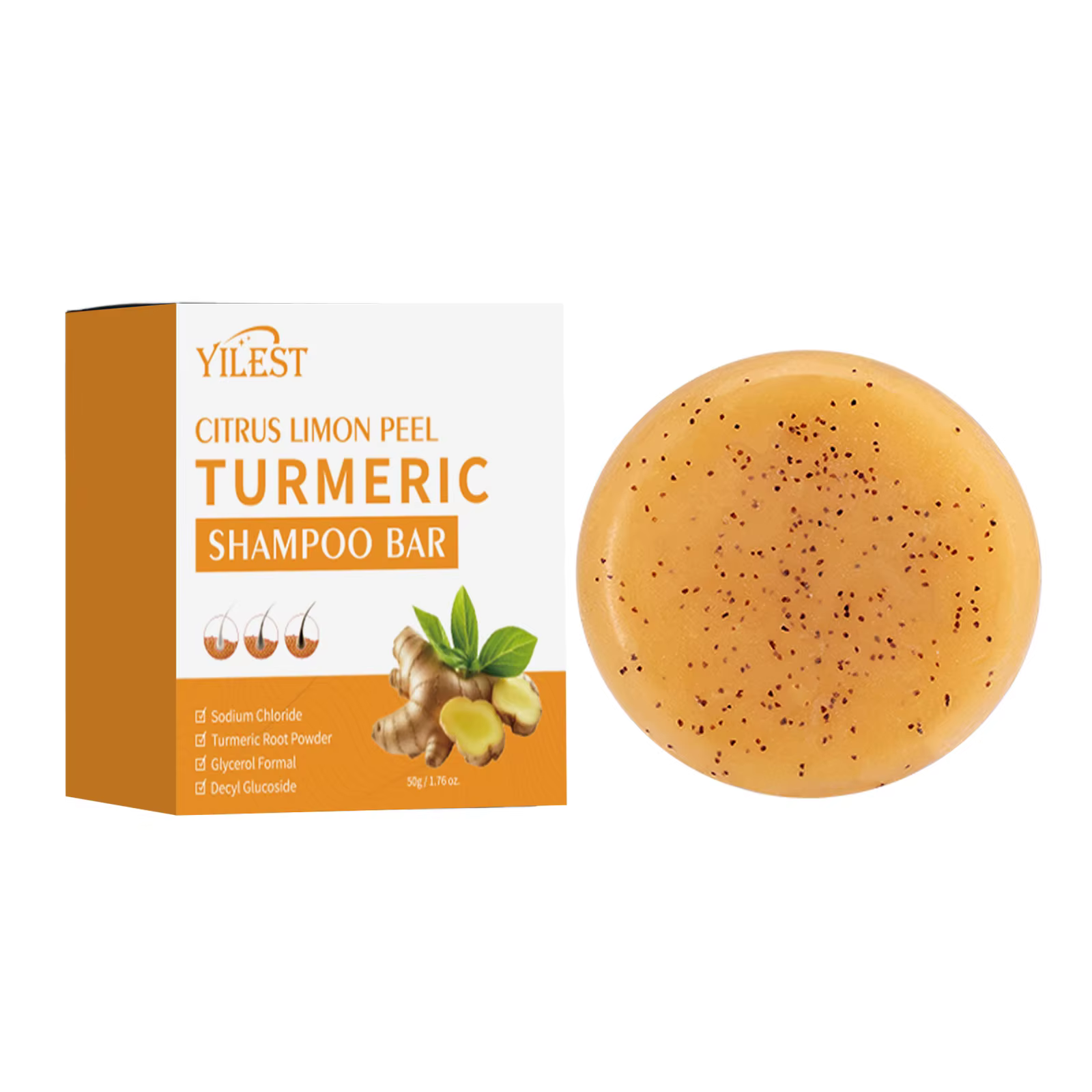 Shampoing au curcuma naturel, savon, réduit la perte de cheveux, nettoie la pellicule, nourrit, hydr