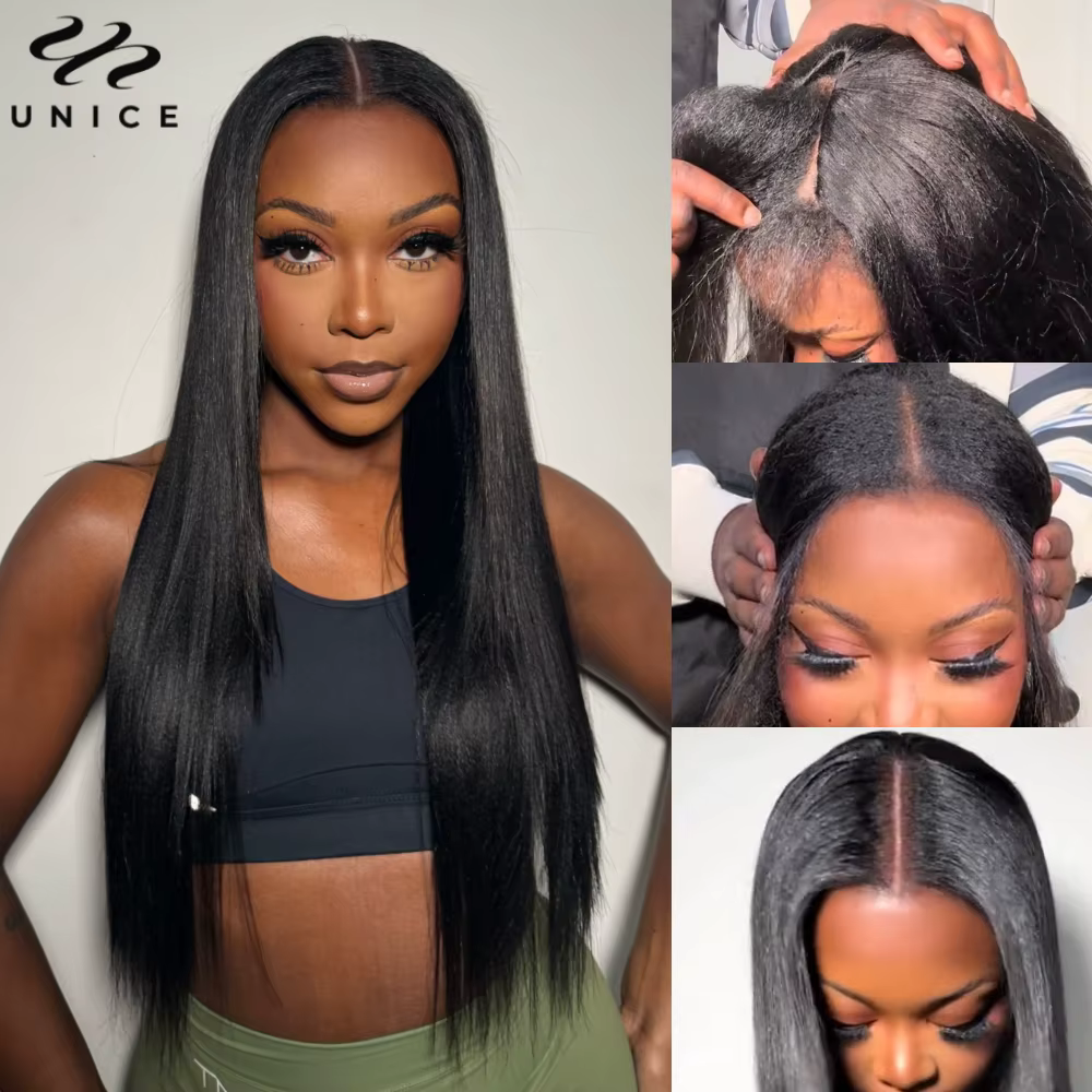 UNice InvisiBlend ™ Yaki droite V partie perruque avec cordon couleur naturelle 100% perruque de c