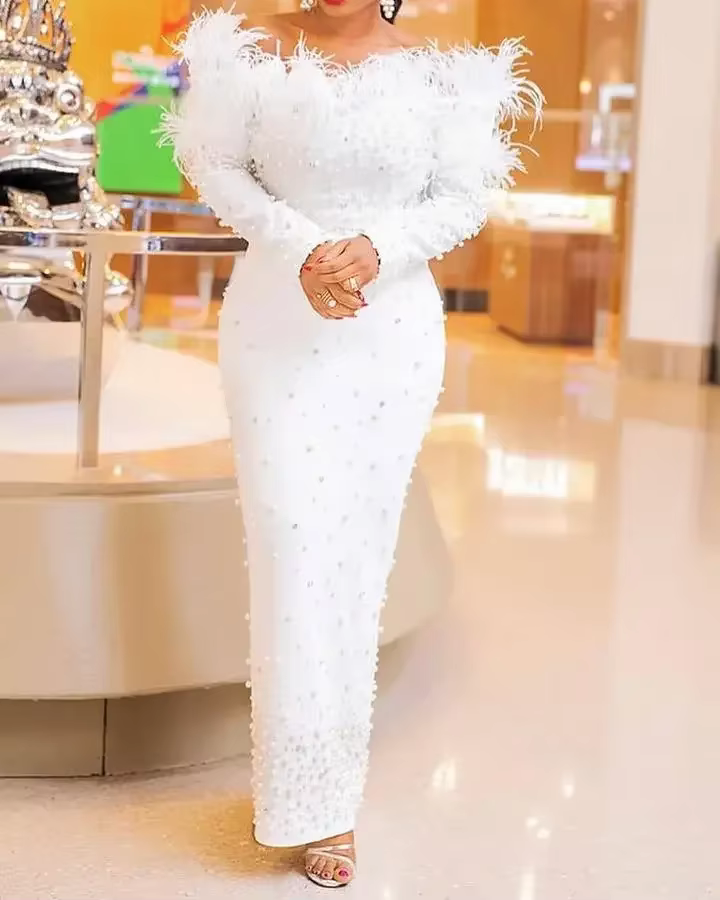 Robe fourreau perlée pour femme, robe mi-longue sexy, col slash, solide, taille haute, tendance, rob