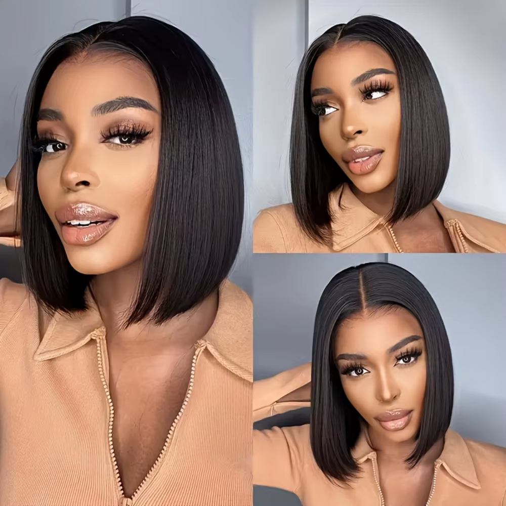 Perruque Bob Lace Front Wig naturelle sans colle, cheveux courts et lisses, couleur naturelle, 5x5,