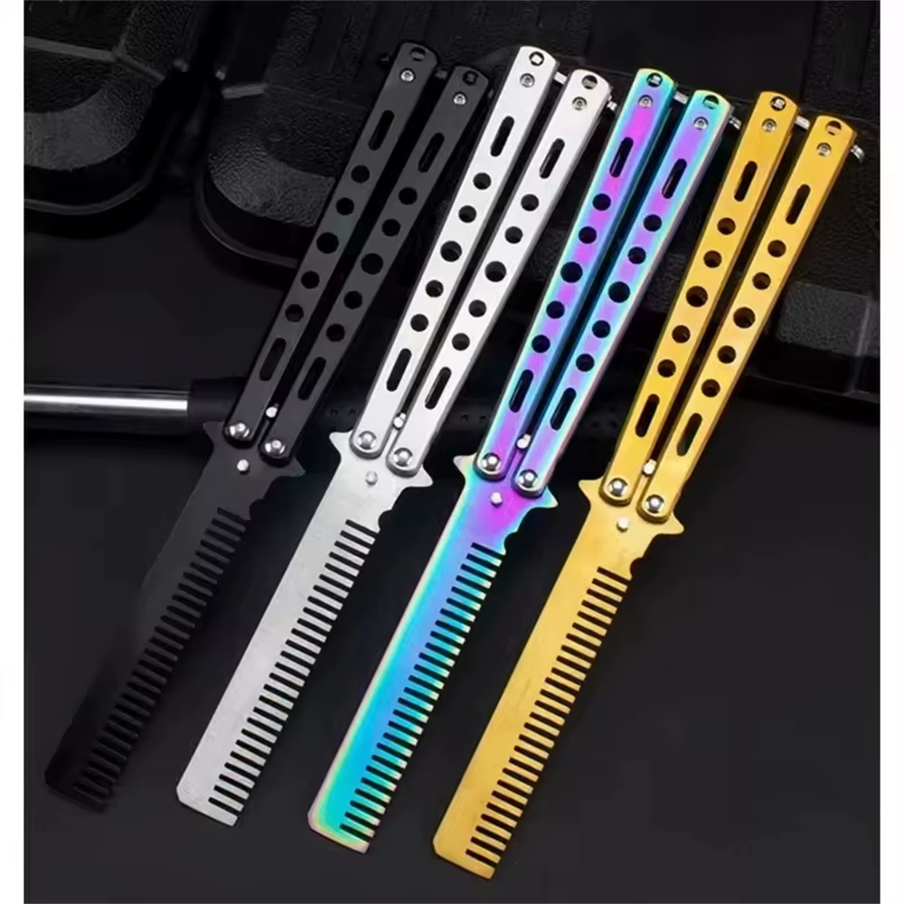 Peigne pliable en acier inoxydable, formation à la pratique, couteau papillon, peigne pour barbe et
