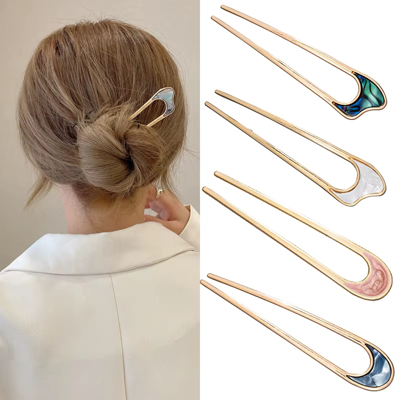 Épingle à cheveux de luxe en émail pour femmes, couleur argent or, coquille élégante, bâton de cheve