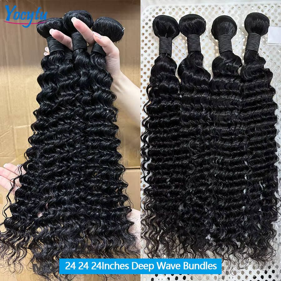 Deep Wave Tissage Humain Hair 24 24 24 Pouces Tissage Brésilien 100% Cheveux Humain YOCYTU Meche Tis