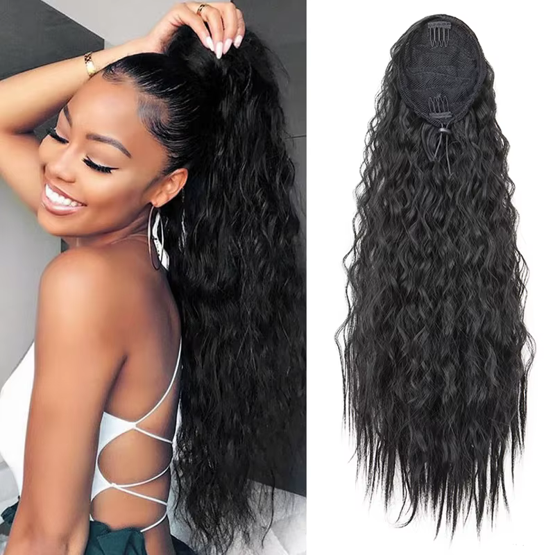 22 pouces synthétique longue crépus bouclés queue de cheval Extension de cheveux cordon enveloppé pi