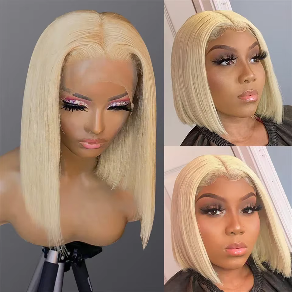 Perruque Bob Lace Frontal Wig naturelle naturelle, cheveux courts et lisses, couleur Blonde 613, 13x