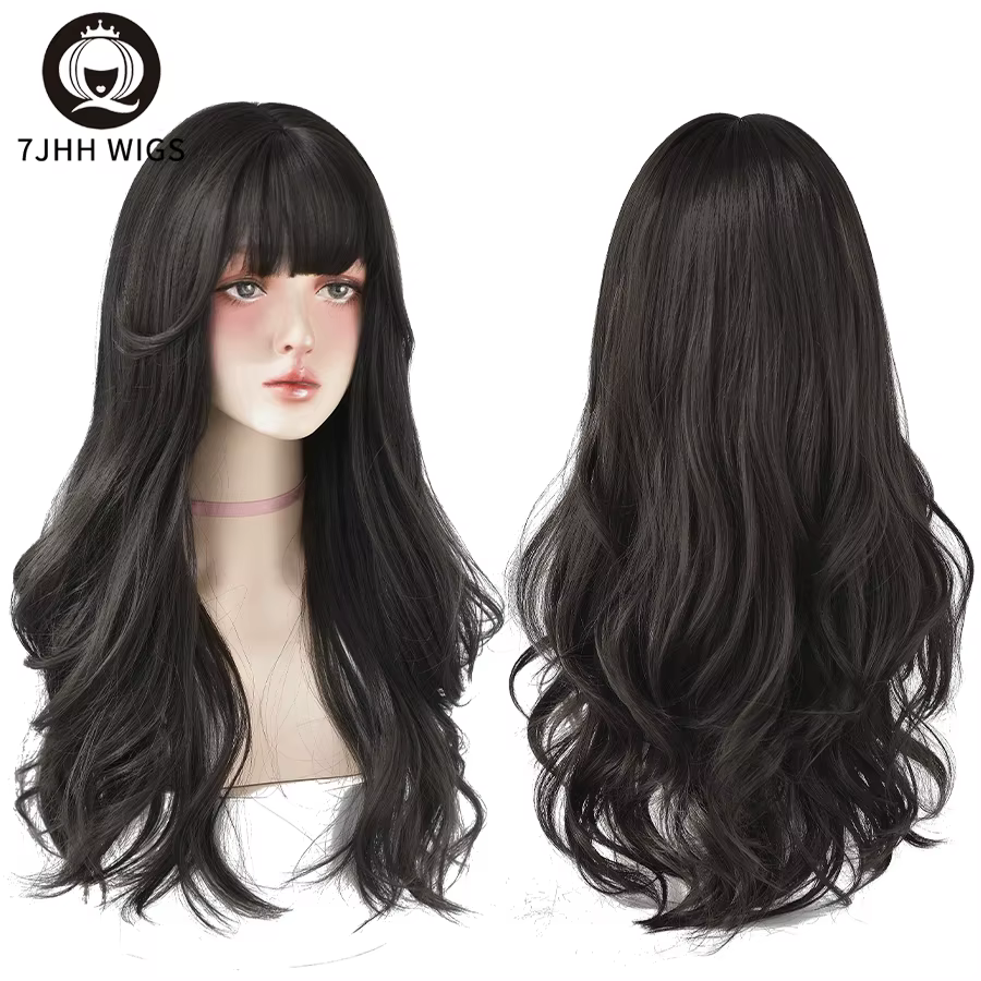 7JHH perruques populaire brun cendré longue vague profonde cheveux Lolita perruques avec frange perr