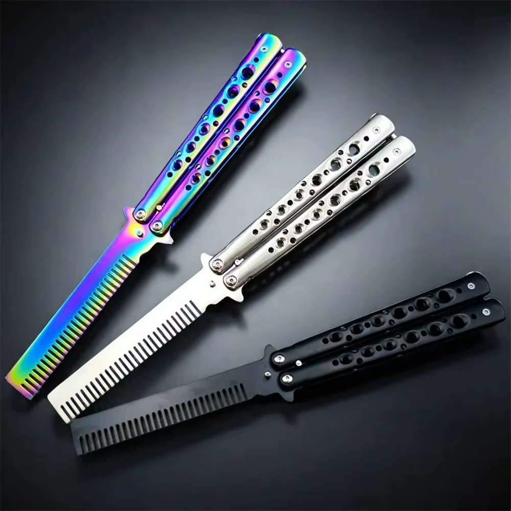 Peigne pliable en acier inoxydable, formation à la pratique, couteau papillon, peigne pour barbe et 
