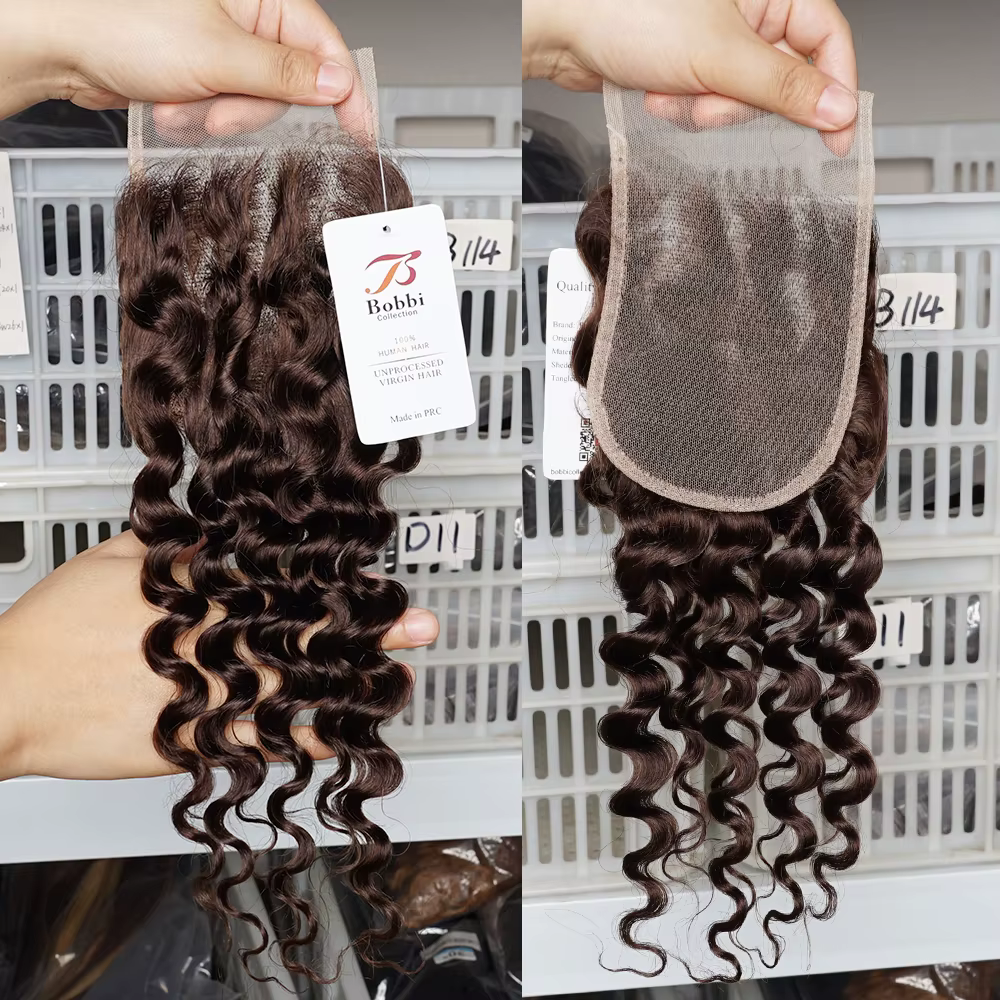 Perruque 100% Cheveux Humains Bruns, Fermeture en Dentelle 4x4, Frontale, Ondulée Profonde, Dentelle