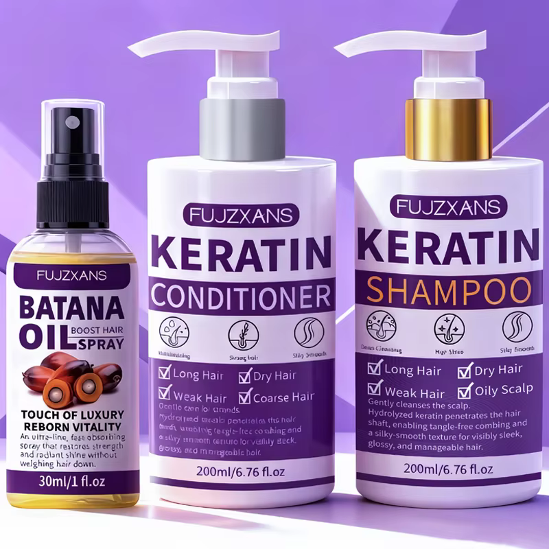 Kit de soin capillaire à la kératine, shampoing, après-shampoing et huile capillaire Batana, 3 pièce