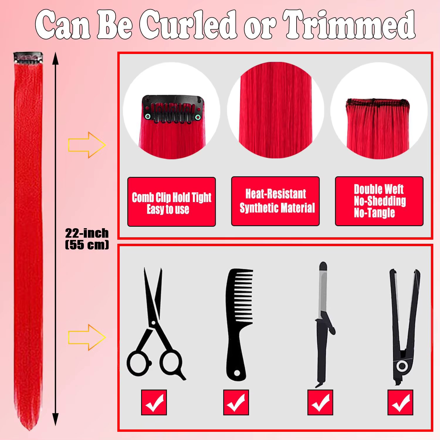 6/12 pièces Extensions de cheveux pince, 22 pouces Extensions de cheveux colorés reflets de fête pos