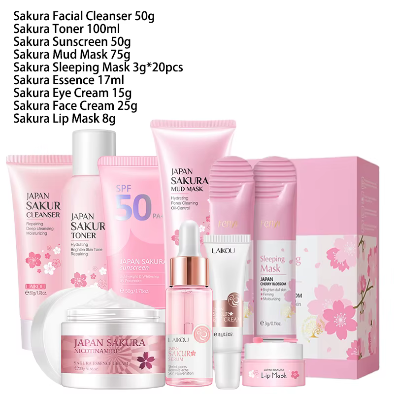 Kit de produits pour le visage Sakura, ensemble de soins pour la peau, nettoyant pour le visage, crè