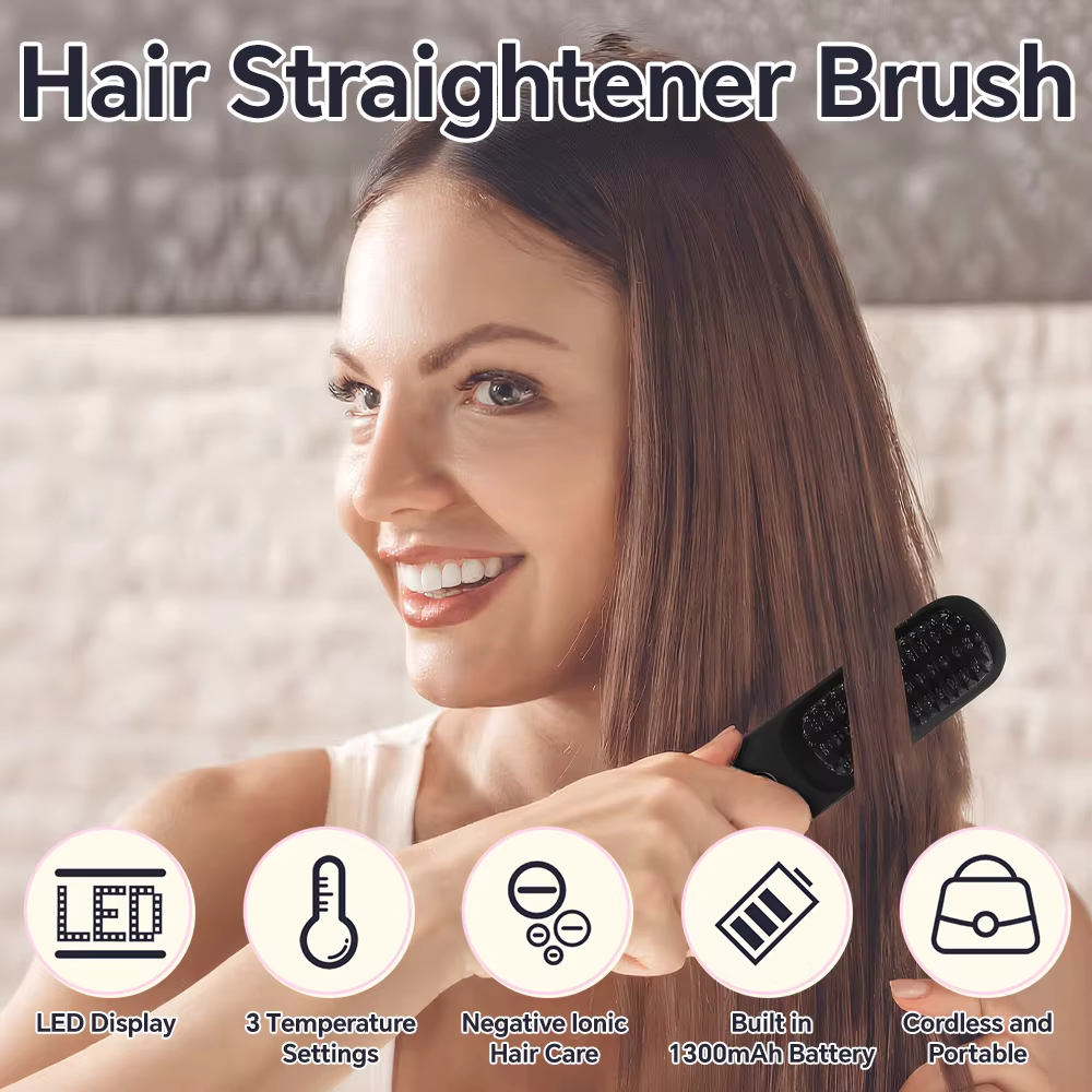 Brosse à lisser les cheveux, peigne à lisser ionique sans fil Rechargeable pour coiffer, avec 3 régl