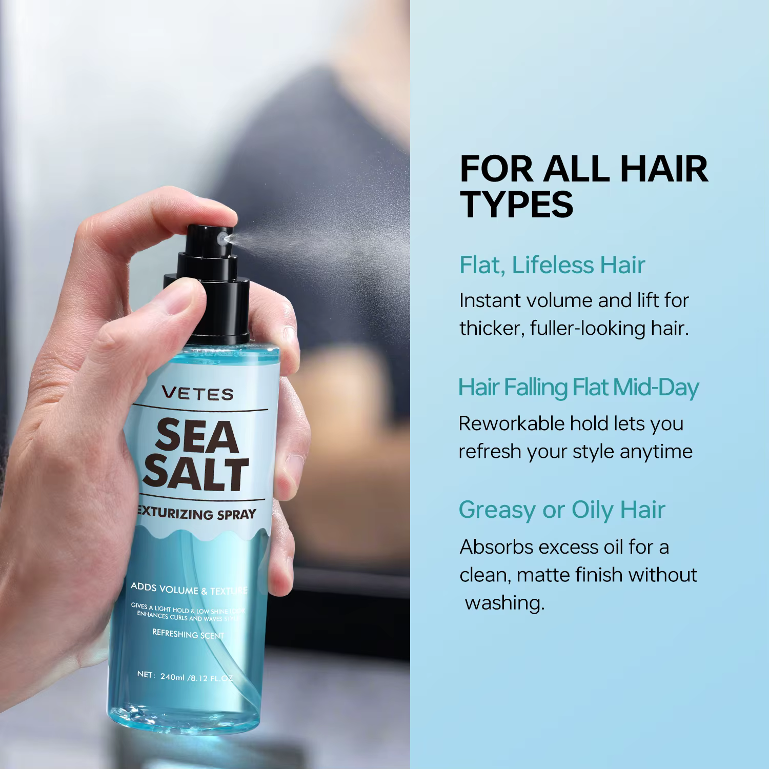 VETES Spray Cheveux Secs 240ml – Spray Texturisant Instantané Effet Volume et Épaisseur au Sel Marin