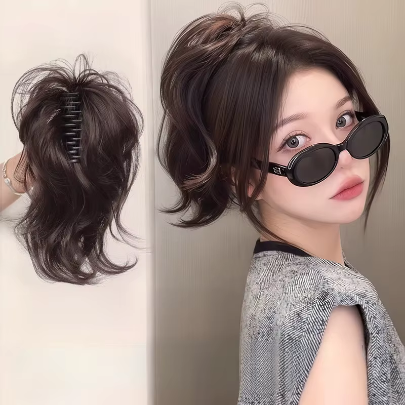 Extensions capillaires synthétiques courtes et bouclées pour femmes, postiche queue de cheval à Clip