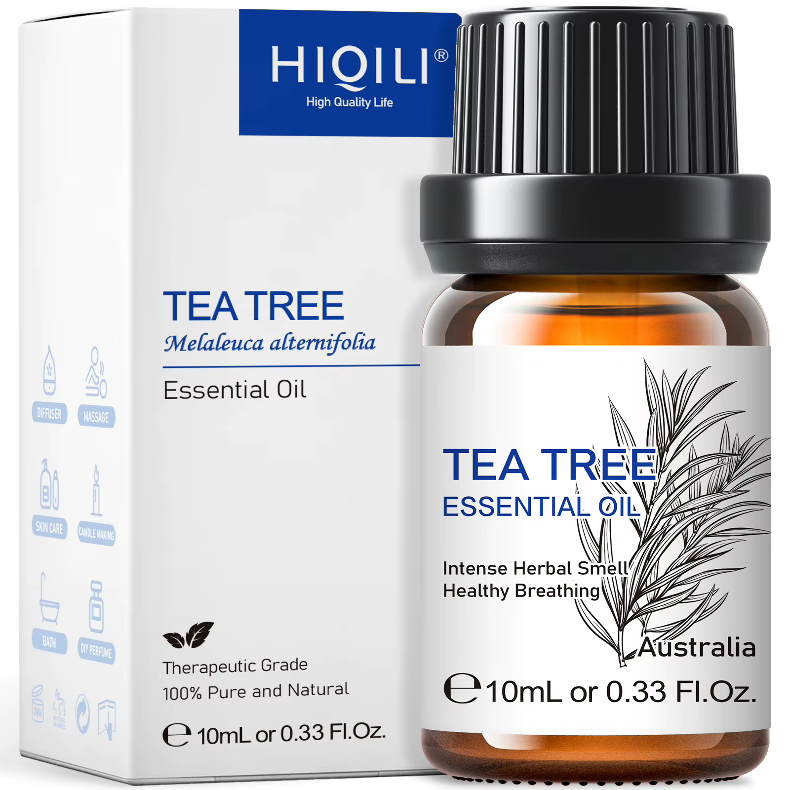 HIQILI Huile Essentielle d'Arbre à Thé, Différents Volumes (10/30/100/500mL), 100% Naturelle, Parfum