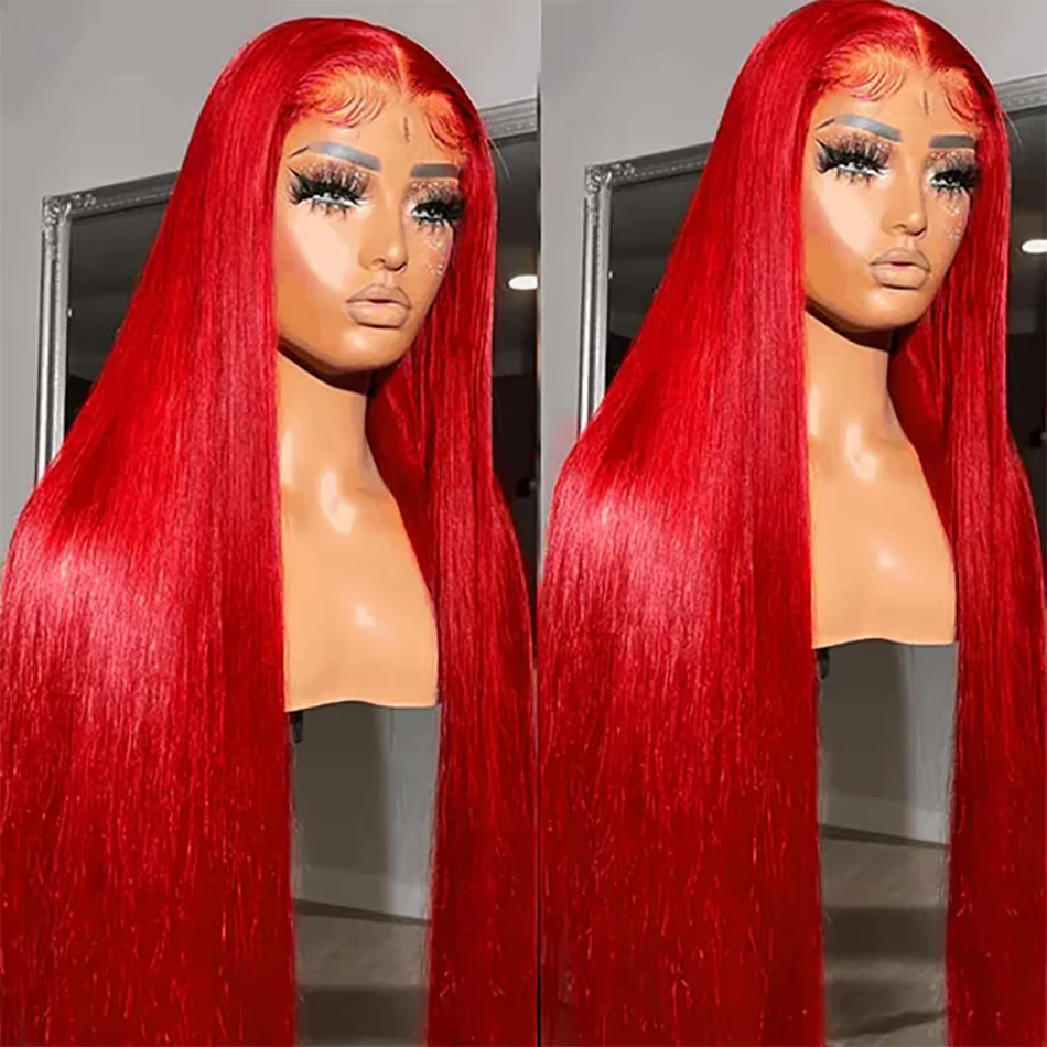 Perruque Lace Frontal Wig brésilienne naturelle, cheveux lisses, couleur bordeaux, 13x6, Hd, pre-plu