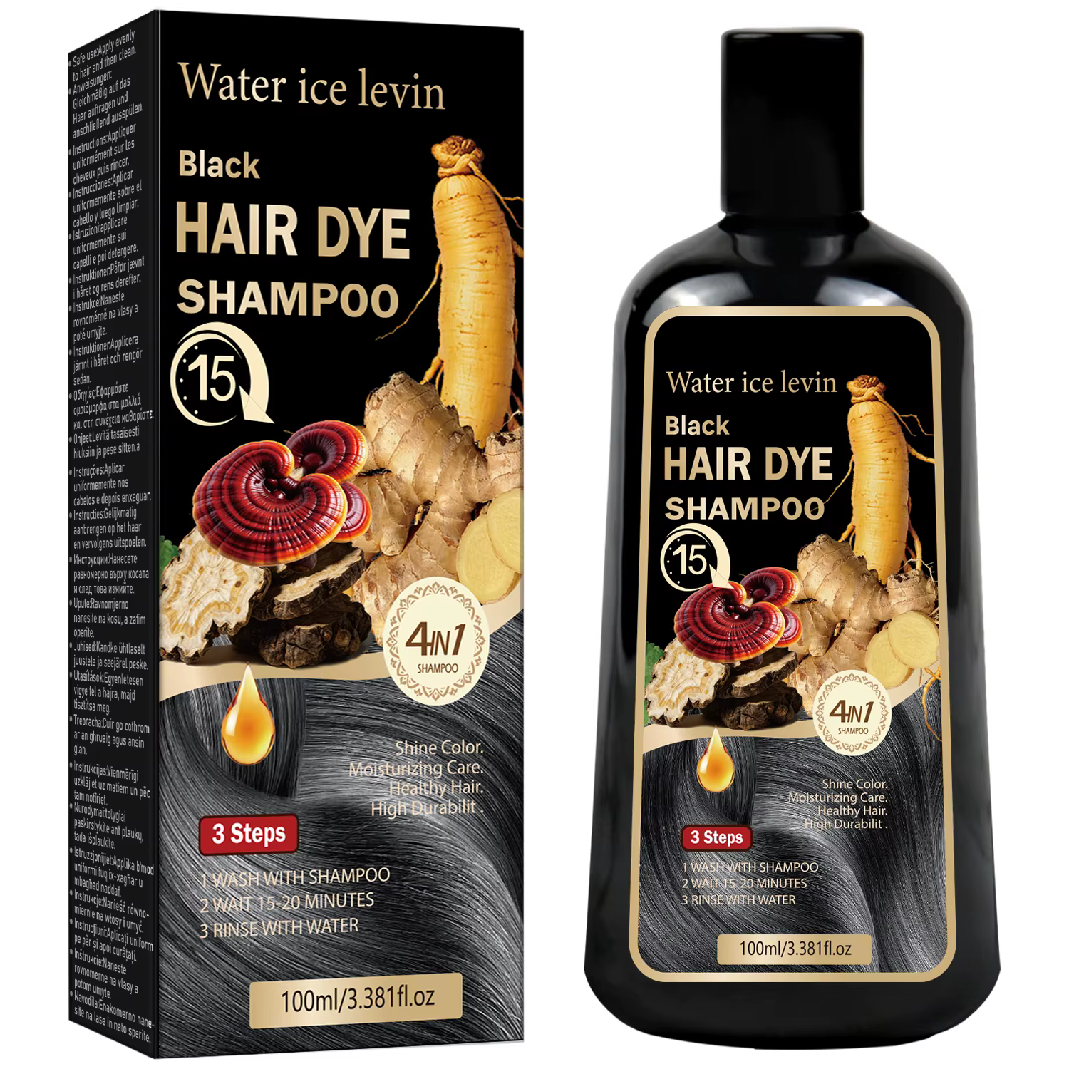 Shampoo colorant capillaire au sésame noir, au ginseng et au reishi. Formule à base de plantes natur