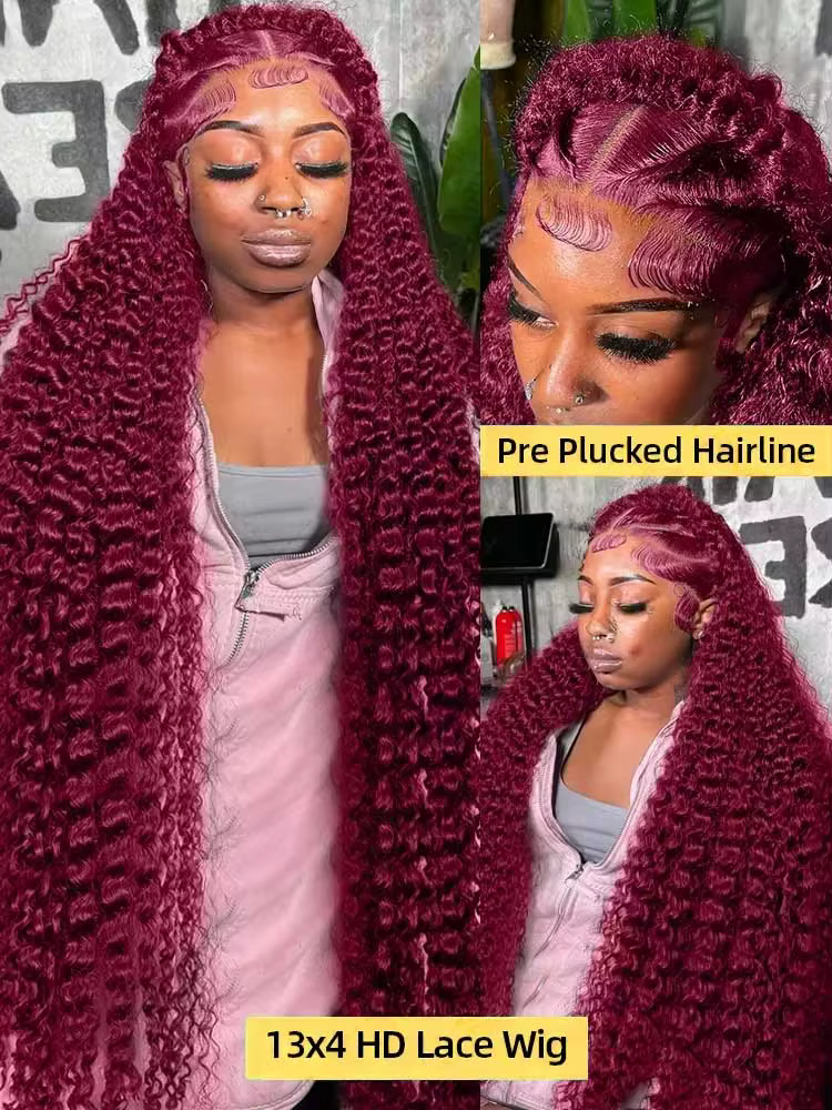 250% 13x4 HD Transparent vague profonde frontale perruque couleur 99j bordeaux profond bouclés dente
