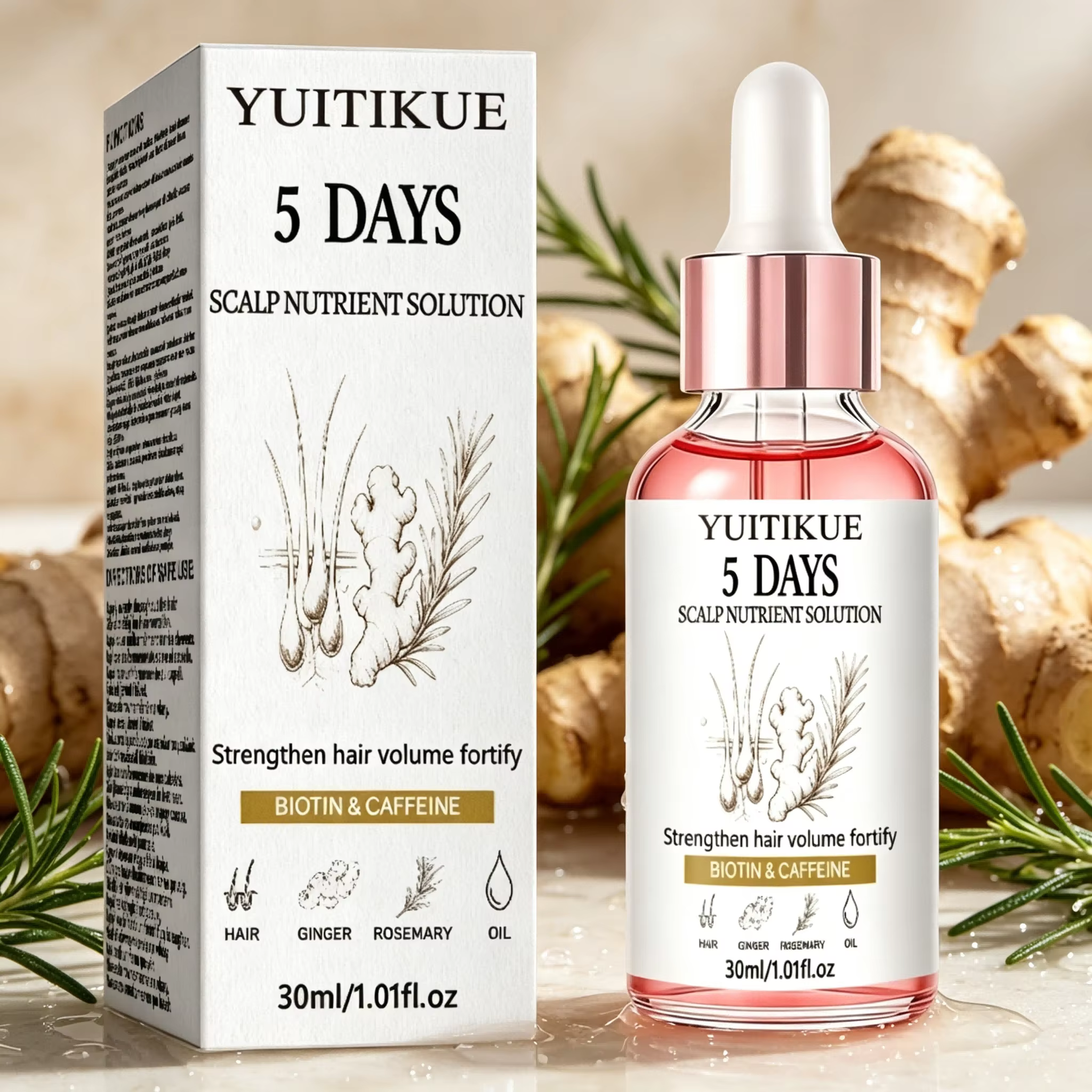 Sérum nutritif pour le cuir chevelu à la biotine et à la caféine 30ml YUITIKUE Gingembre Romarin Nou