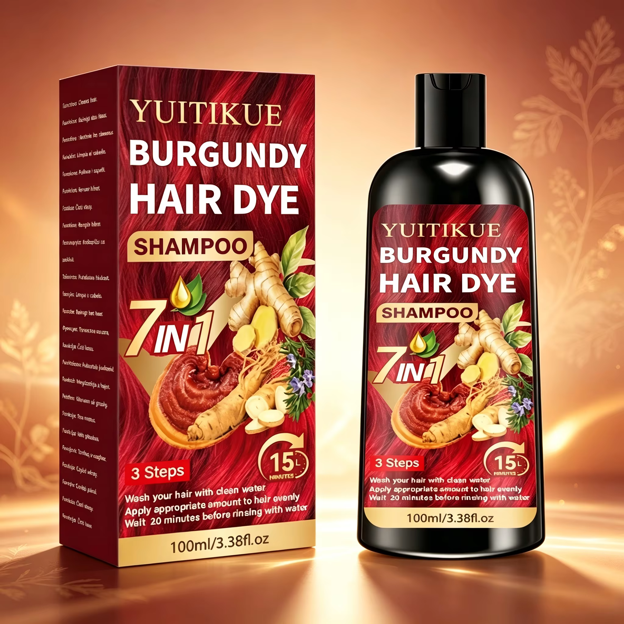 Shampoo colorant capillaire YUITIKUE Bourgogne 100ml 7 en 1 infusé aux plantes, couvre les cheveux g