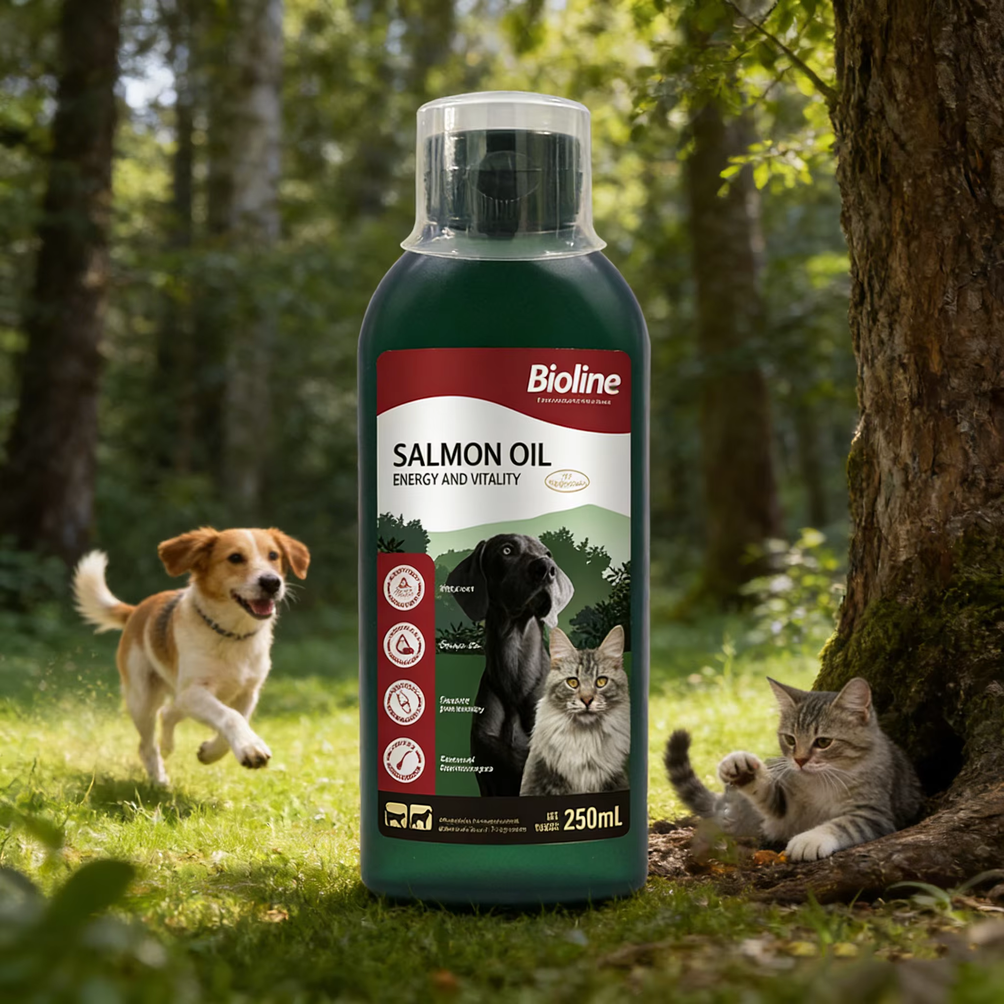 Huile de saumon Bioline 250 ml pour chiens et chats, huile de poisson, acides gras oméga, EPA et DHA