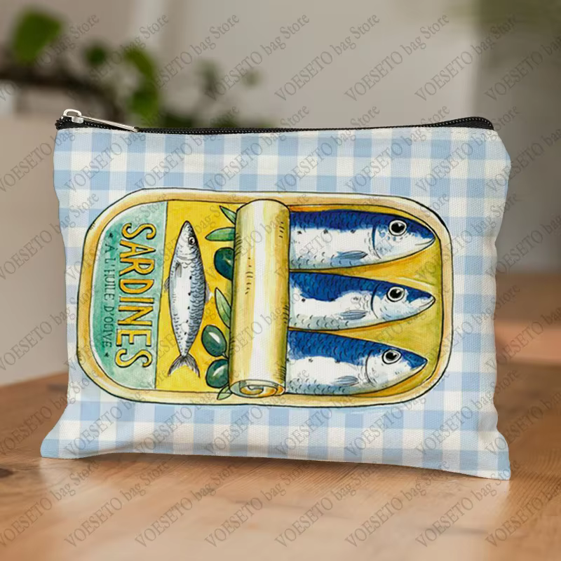 Trousse à cosmétiques de sardine gastronomique, portefeuille de poisson d'huile d'olive réaliste, tr