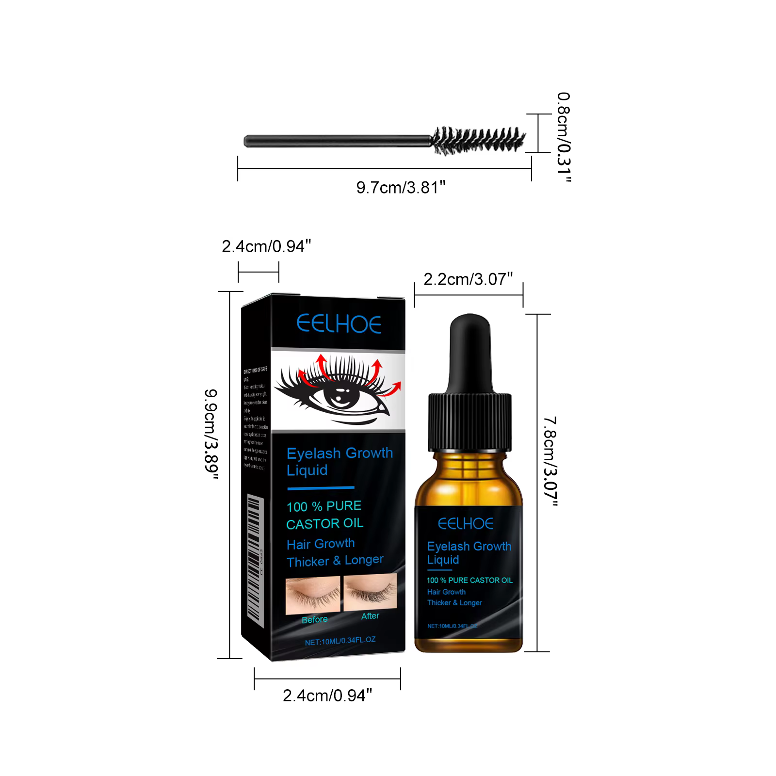 Sérum de croissance de cils à l'huile de ricin avec brosse, liquide polyvalent pour cheveux, sourcil