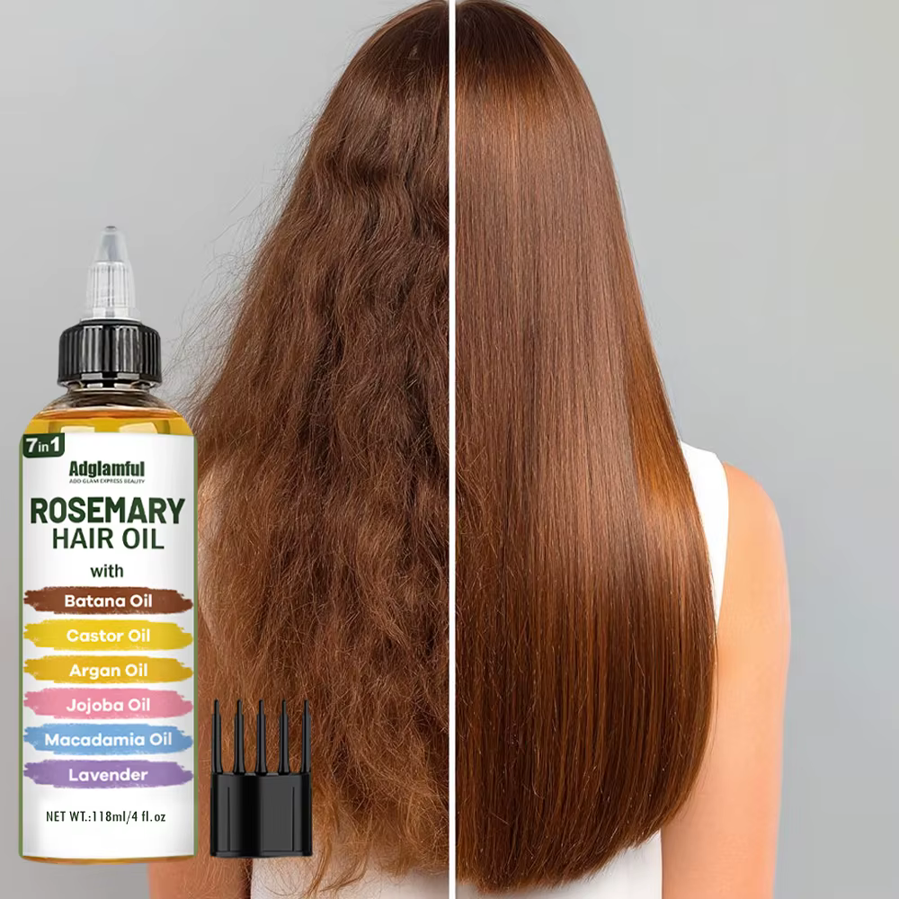 Adglamful Huile capillaire au romarin 7 en 1 118 ml – Huile capillaire sans rinçage + ensemble de pe