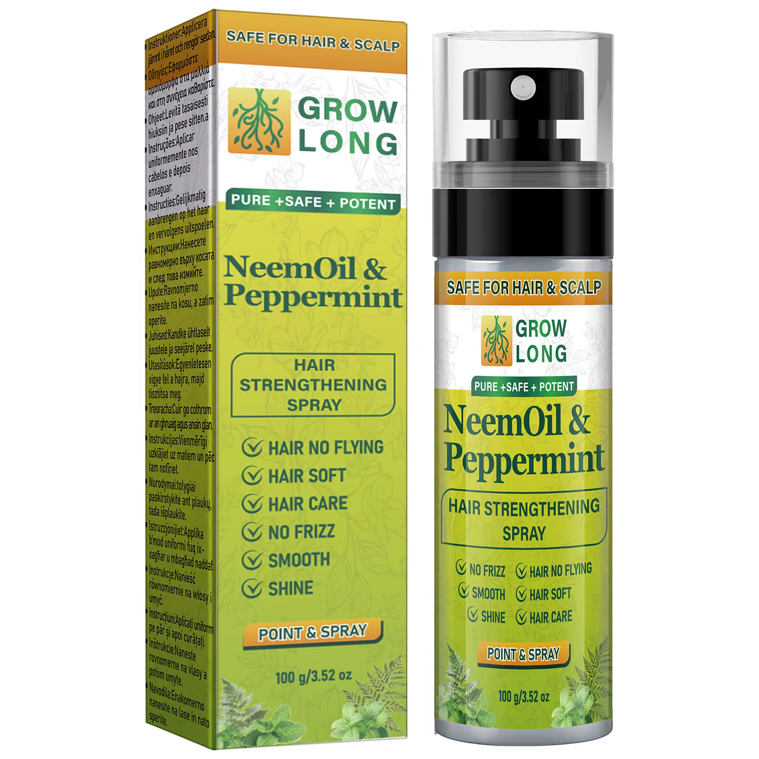 Spray fortifiant pour cheveux à l'huile de Neem et à la menthe poivrée - Lisse et brillant, sans dan