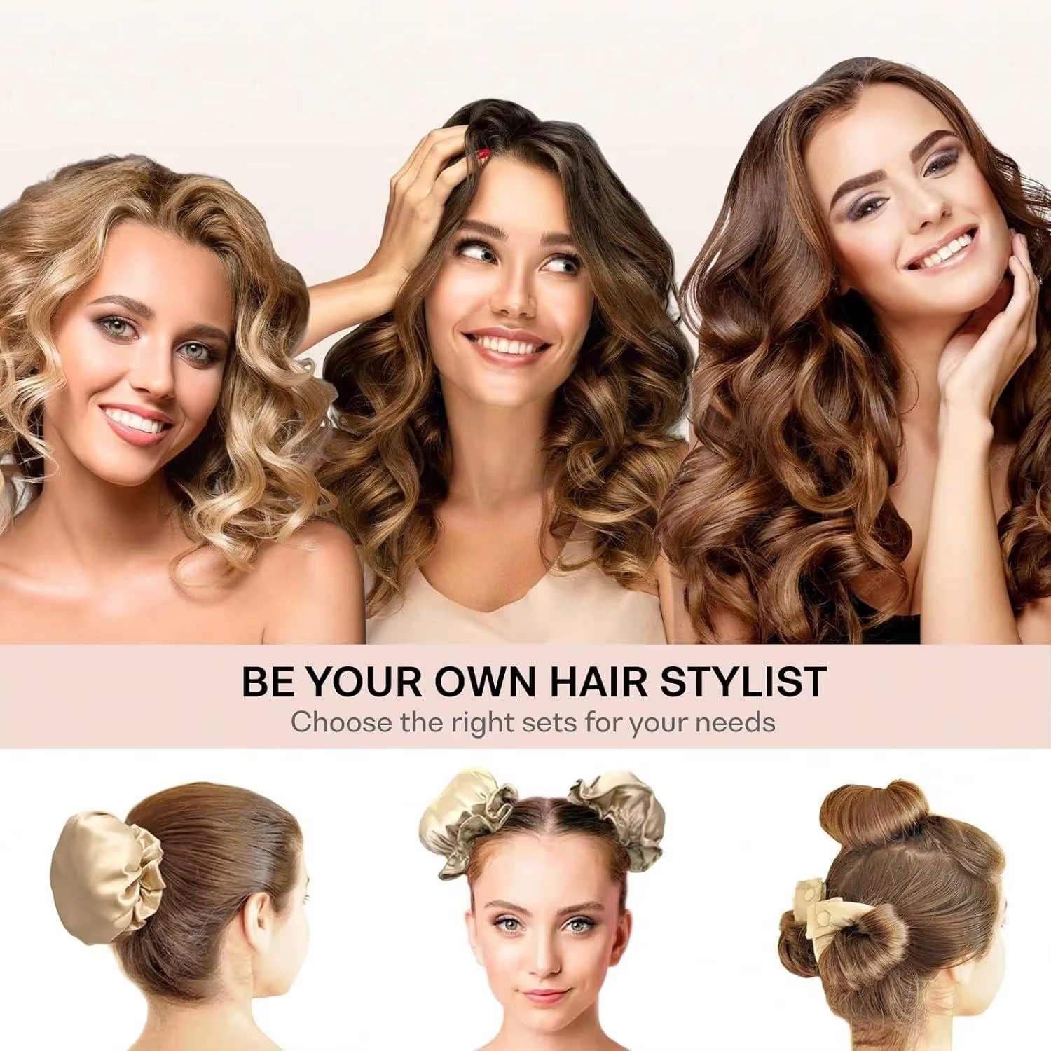 Tige à friser sans chaleur en Satin avec bonnets pour cheveux, bandeau doux de nuit pour cheveux lon