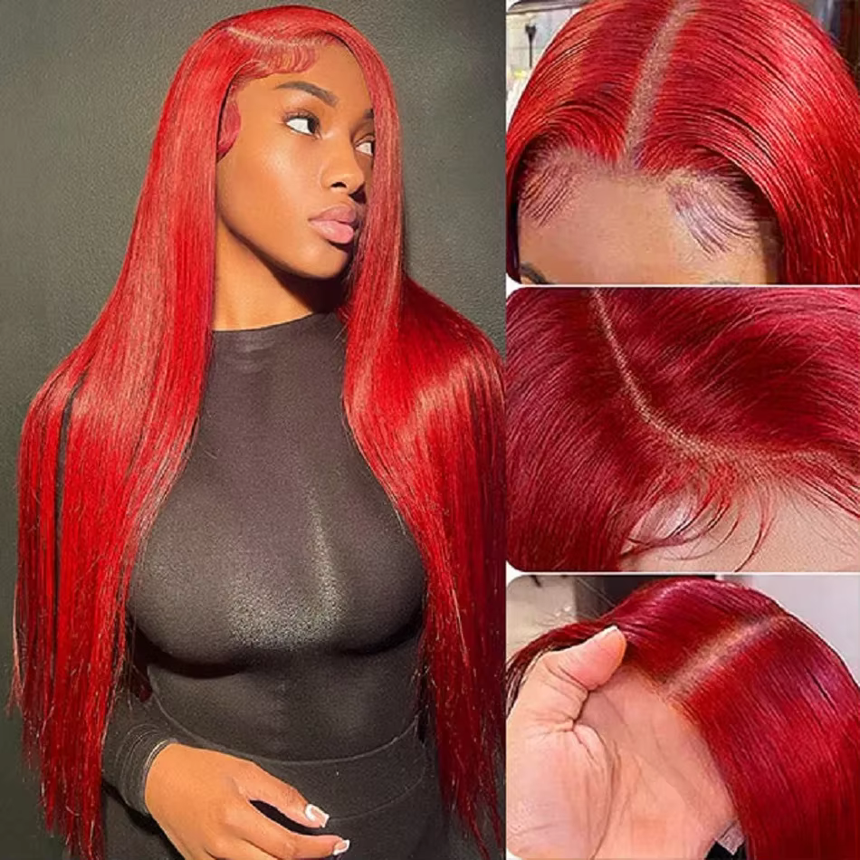 Perruque Lace Frontal Wig brésilienne naturelle, cheveux lisses, couleur bordeaux, 13x6, Hd, pre-plu