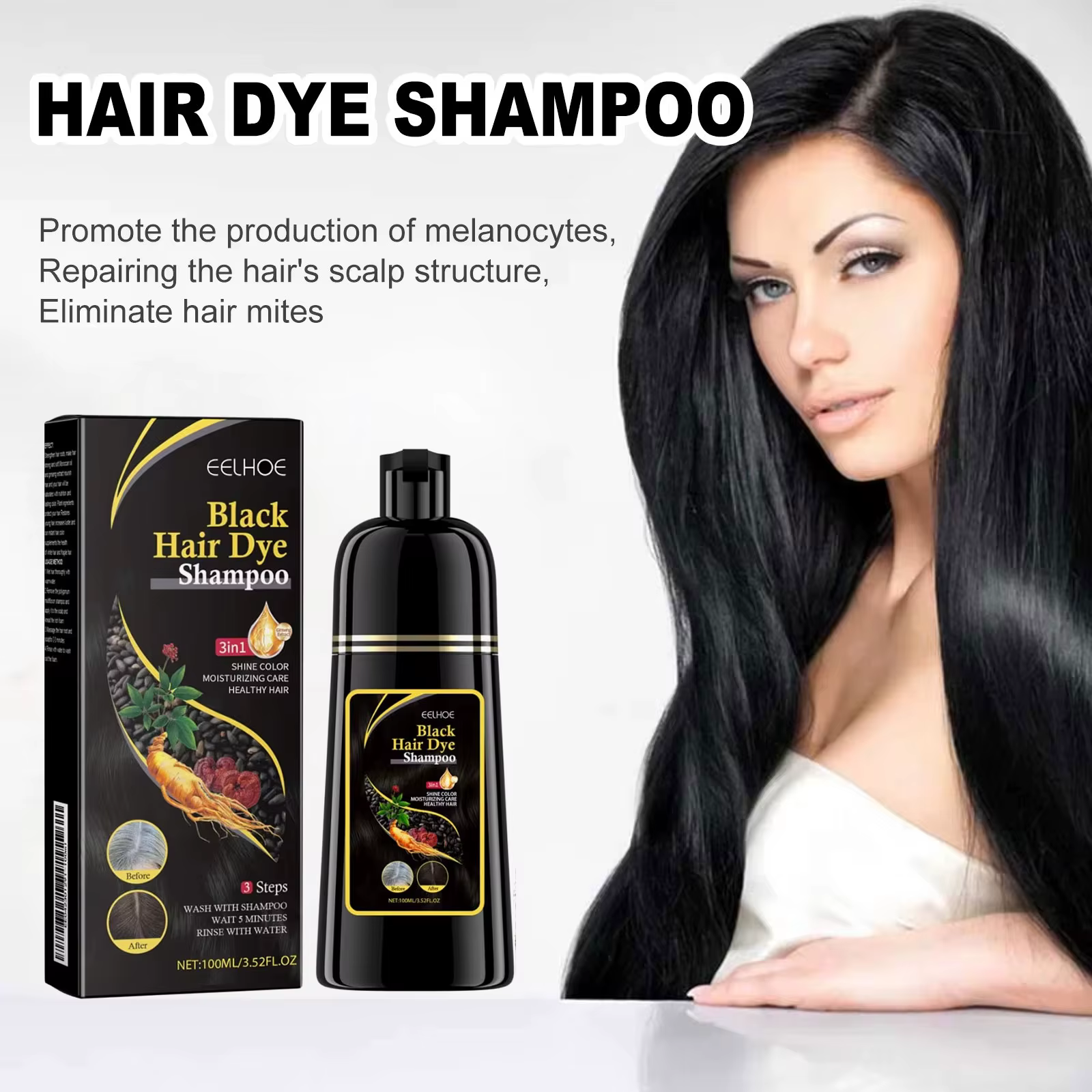 EELHOE shampooing de teinture pour cheveux noirs 3 en 1 croissance propre